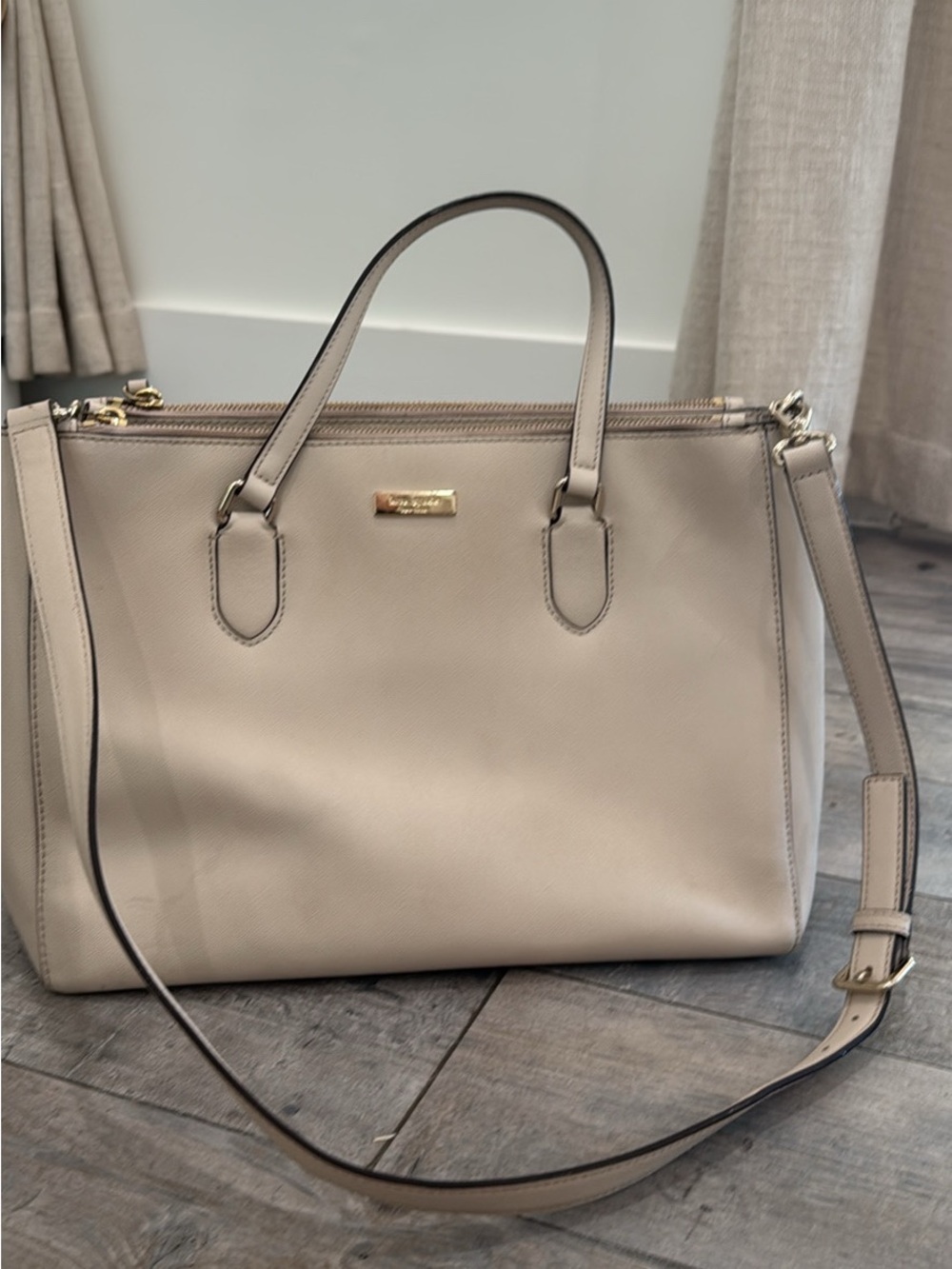 kate spade Beige Saffiano Leather Satchel with Gold-Tone Hardware
